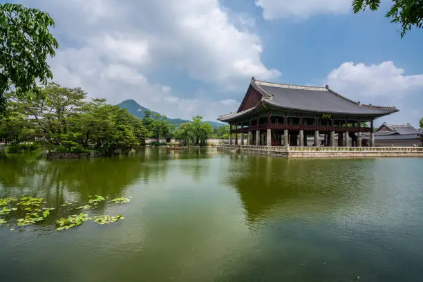 Beautiful view of Gyeonghoeru Pavilion and pond in Gyeongbokgung palace, Seoul, South Korea.