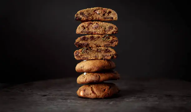 Chocolate chip cookies with sweet crema,selective focus and empty space