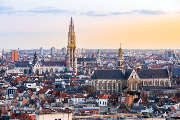 Antwerp sunset Aerial high angle view landscape of Antwerp cityscape with cathedral of Our Lady, Antwerpen Belgium sunset. EU Belgium city landmark for tourism and travel destination. brussels capital region stock pictures, royalty-free photos & images