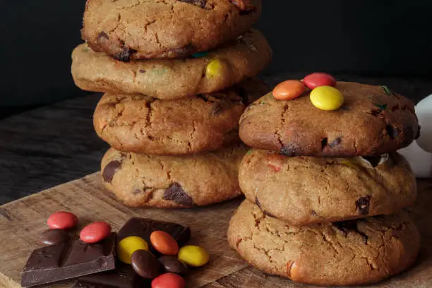 Chocolate chip cookies with sweet crema,selective focus and empty space