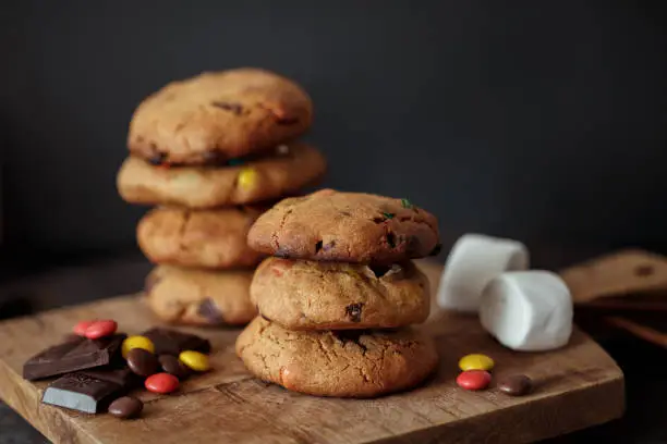 Chocolate chip cookies with sweet crema,selective focus and empty space