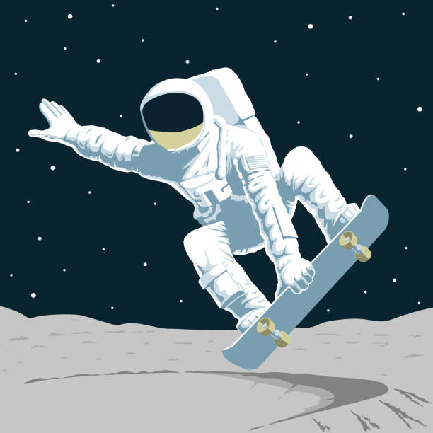 Print astronaut on skateboard on the moon Vector Astronaut with american flag chevron on spacesuit riding a skateboard in the crater bowl on the bright side of the Moon Performs the trick indy grab lien crossbone frontside landing touching down stock illustrations