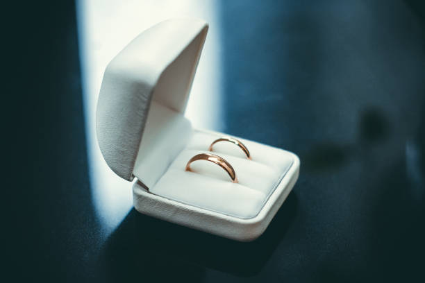 istock two gold wedding rings lie in a white box 1225216671
