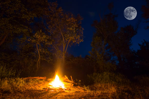 escena al aire libre campamento nocturno, fogata en un claro del bosque, luna llena en un cielo nocturno - stike fotografías e imágenes de stock