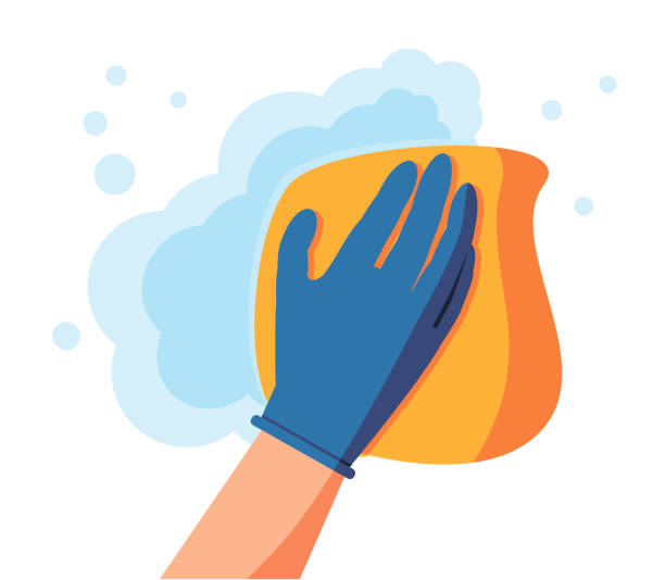 ilustrações de stock, clip art, desenhos animados e ícones de cleaning napkin in the hands of a houseworker. wipe with a cloth, yellowmicrofiber, blue gloves. housekeeping service. vector illustration flat design. the concept of disinfection. - clear sky built structure apartment sky