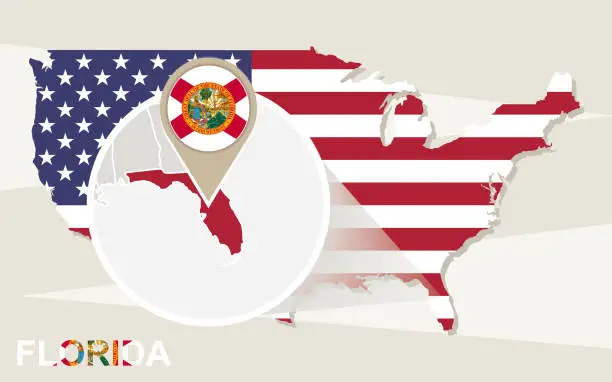 Vector illustration of USA map with magnified Florida State. Florida flag and map.