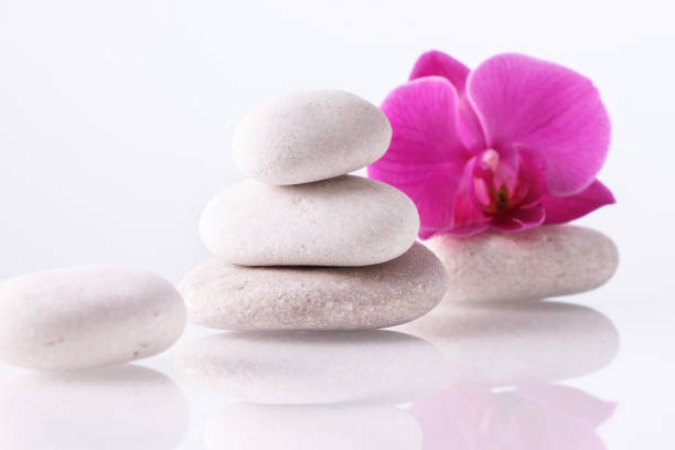 Spa concept of stones with drops, blooming twig stripped violet orchid on a wooden backgrounds