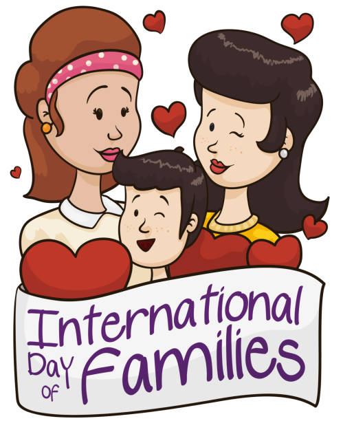 Happy Mothers with their Son Celebrating International Day of Families Caring mothers with their son celebrating International Day of Families with a greeting label and floating hearts in this special date. my stepmom stock illustrations