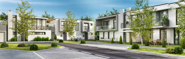 rue avec des maisons modernes - housing development apartment house outdoors photos et images de collection