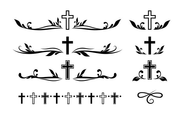 Funeral ornamental decorations. Vector memorial design elements. Border, divider, ribbon, frame and corner. Funeral ornamental decorations. Vector memorial design elements. Border, divider, ribbon, frame and corner. religious icon stock illustrations