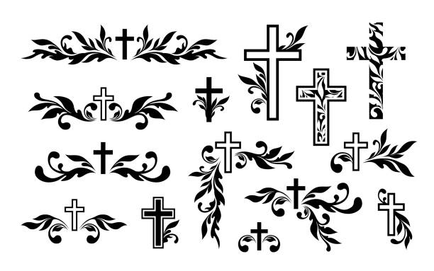 Funeral ornamental decorations. Vector memorial design elements. Border, divider, ribbon, frame and corner. Funeral ornamental decorations. Vector memorial design elements. Border, divider, ribbon, frame and corner. religious icon illustrations stock illustrations