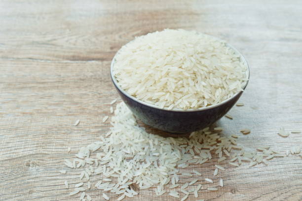 istock Thai jasmine rice paddy in bowl on table 1225229206