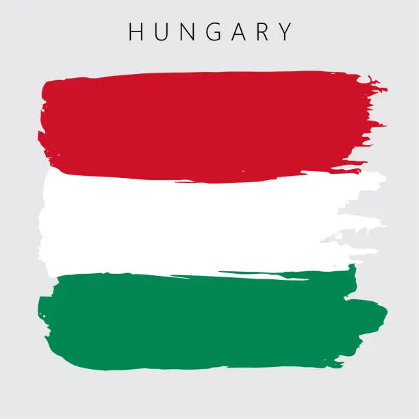 Vector illustration of Flag of Hungary. Vector illustration on gray background. National flag with three colors: green, white and red. Beautiful brush strokes. Abstract concept. Elements for design. Painted texture.