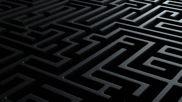 3d illustration closeup of black dark black labyrinth stone walls stock photo