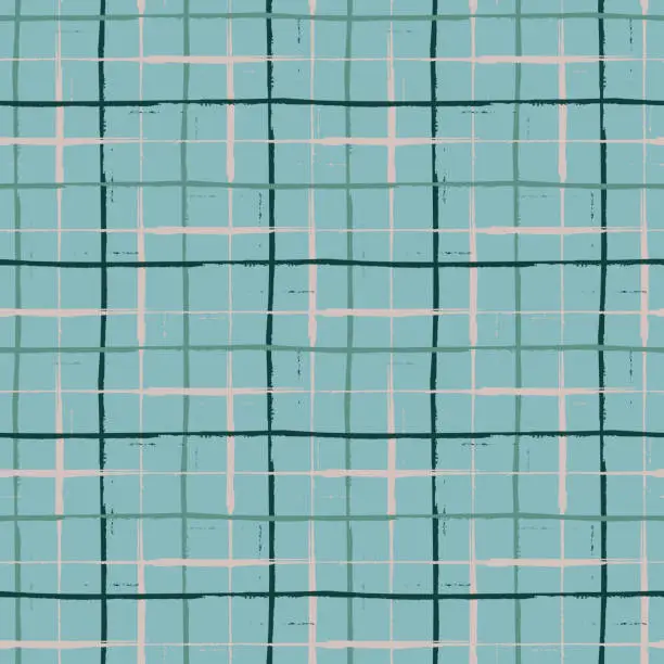 Vector illustration of Grunge line vector seamless grid pattern background. Organic painterly ink brush stroke style criss cross backdrop. Irregular overlapping plaid style design. Blue black weave effect all over print