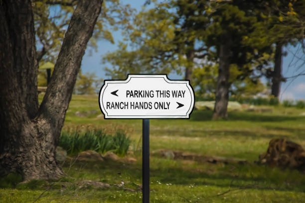 istock Directional sign on pole saying Parking this way and Ranch Hands only with arrows against blurred woodland background 1225239043