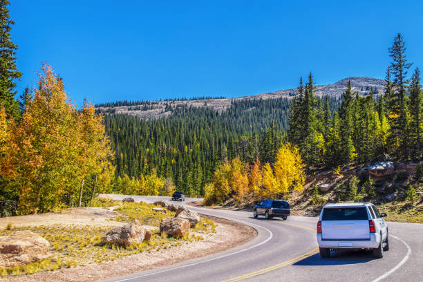 suv-y i pickup ciężarówka podjąć ostre zakręty w dół zbocza górskiego z evergreens i jesień osiki i gołe szczyty w tle w słoneczny dzień - road winding road highway mountain zdjęcia i obrazy z banku zdjęć