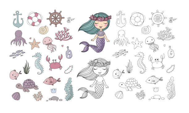 ilustraciones, imágenes clip art, dibujos animados e iconos de stock de conjunto de ilustraciones marinas. pequeña sirena de dibujos animados lindo, pescado divertido, estrellas de mar, botella con una nota, algas, varias conchas y cangrejo. tema del mar. objetos aislados sobre fondo blanco. - characters coral sea horse fish