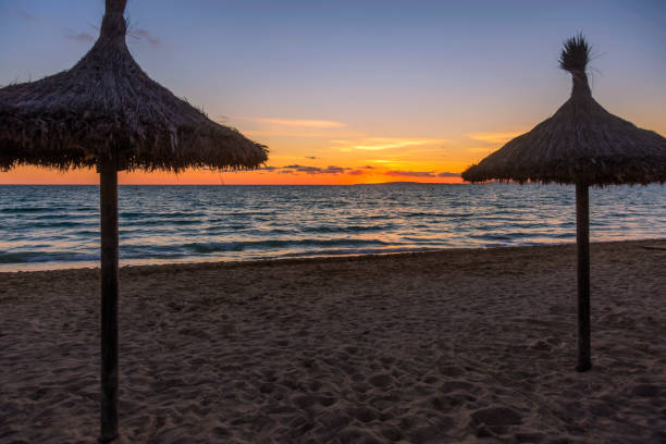 istock Beach umbrellas in sunset time 1225243612