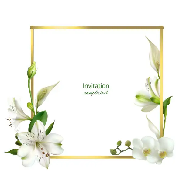 Vector illustration of Flowers. White lilies. Golden frame. Spathiphyllum. Floral background.