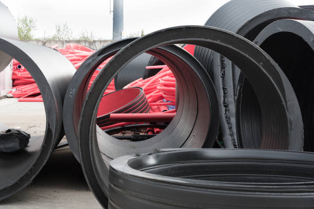 istock Large black plastic pipes. Production and storage of plastic pipes. 1225256582