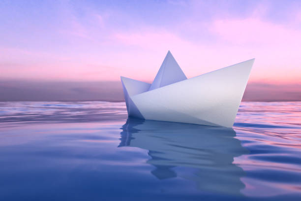 istock Paper Boat on Sea Sunset , 3d render 1225257940