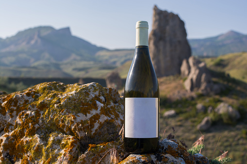 bottle of wine against the backdrop of a picturesque landscape