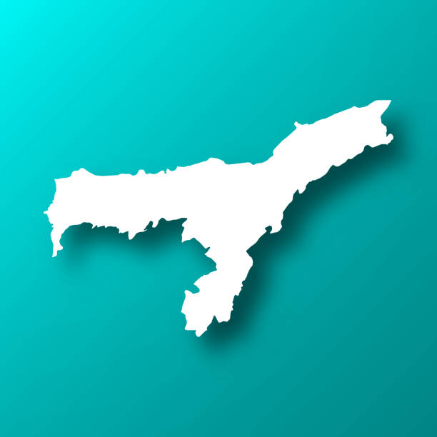 Assam map on Blue Green background with shadow White map of Assam isolated on a trendy color, a blue green background and with a dropshadow. Vector Illustration (EPS10, well layered and grouped). Easy to edit, manipulate, resize or colorize. assam stock illustrations