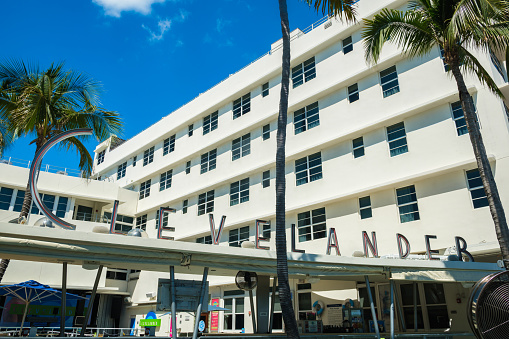Miami Beach, Florida USA - March 4, 2019: Cityscape view of the classic art deco architecture of the Clevelander Hotel along popular Ocean Drive.