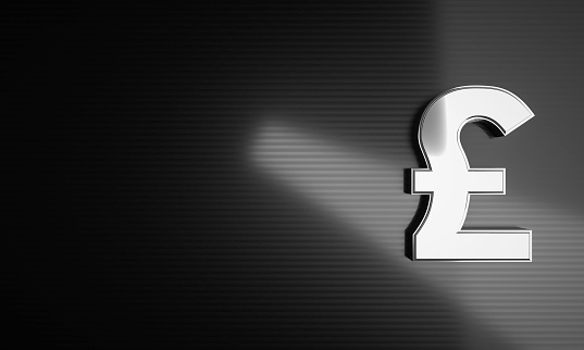 3D render of a silver Pound sign on a black striped background