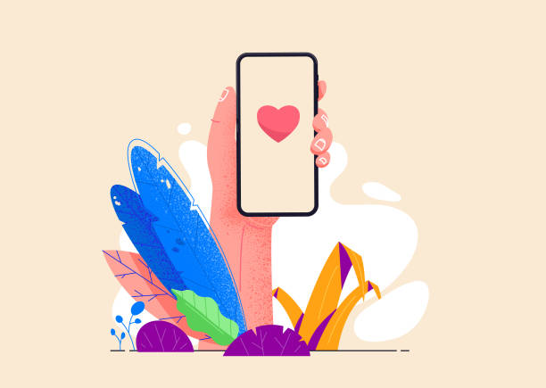Hand holding phone in exotic tropical jungle eco friendly environment. Sending love messages on smartphone vector illustration in flat design. Chatting with friends. Social media addiction. vector art illustration