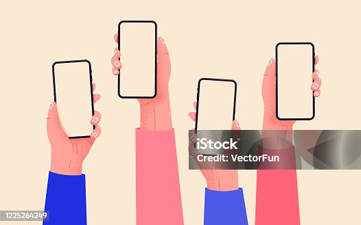 istock Flat vector hands with phones. Hands holding phones with empty screens mock up. Social media interaction. Social network communication on mobile app. Home office with your phone. Buy online easily. 1225264249
