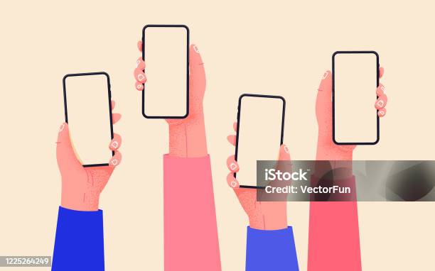 Flat Vector Hands With Phones Hands Holding Phones With Empty Screens Mock Up Social Media Interaction Social Network Communication On Mobile App Home Office With Your Phone Buy Online Easily Stock Illustration - Download Image Now