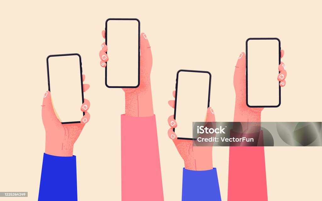 平向量手與手機。手拿著有空屏的手機類比。社交媒體互動。移動應用上的社交網路通信。家庭辦公室與您的手機。輕鬆在線購買。 - 免版稅手圖庫向量圖形