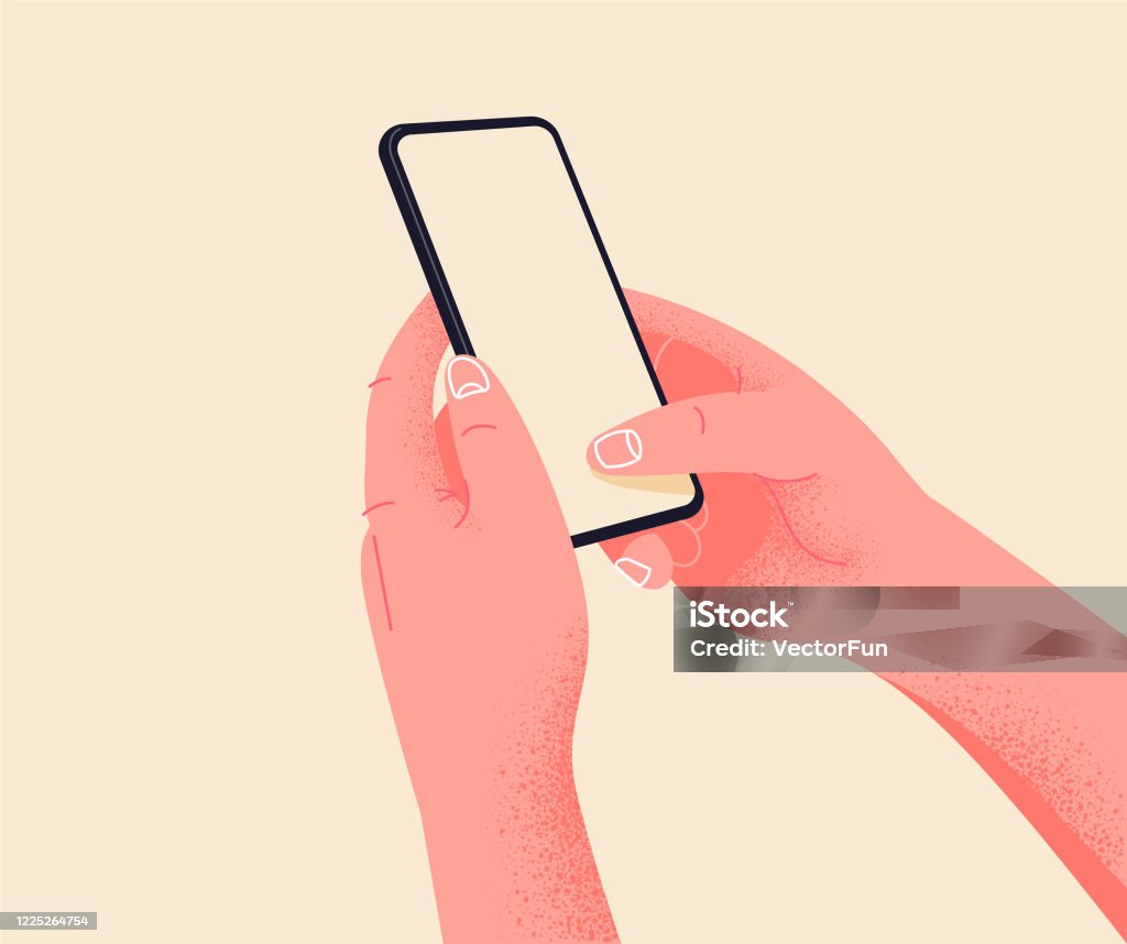 Holding phone in two hands. Empty screen, phone mockup. Editable smartphone template vector illustration on isolated background. Application on touch screen device. Learning or booking online concept Hand stock vector