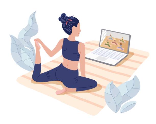 Yoga studios streaming online classes. Girl watching online sport tutorials on a laptop and working out at home. Concept illustration isolated on white. Yoga studios streaming online classes. Girl watching online sport tutorials on a laptop and working out at home. Concept illustration isolated on white. yoga illustrations stock illustrations