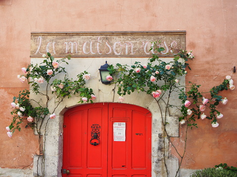 Auvers-sur-Oise is a famous village were impressionist painters like Van Gogh used to live. At Springtime, In May 2020, The red door of La Maison Rose is sourrounded by blooming roses. \nIn May 2020, right after the lockdown due to Covid-19 crisis, Auvers-sur-Oise is becoming a village that parisians are visiting more during the week-end as they were not allowed to go further than 100 km away from their home.