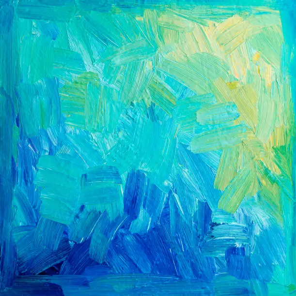 acrylic painted canvas in blue, green, yellow with vignette, brush strokes, no people with copyspace
