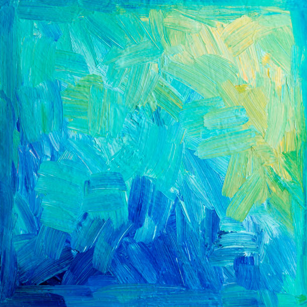 acrylic painted canvas in blue, green, yellow with vignette, brush strokes, no people with copyspace - oil painting fine art painting abstract brush stroke imagens e fotografias de stock