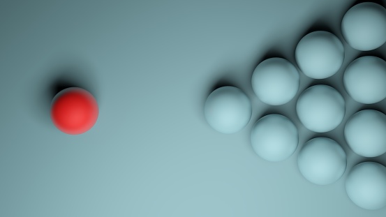 Abstract blue background with a set of blue spheres and a single red one- 3D rendering illustration