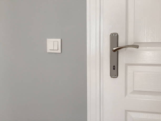 istock Home interior light switch and the closed door 1225274250