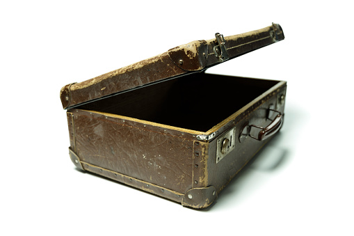 old brown vintage suitcase on the white background