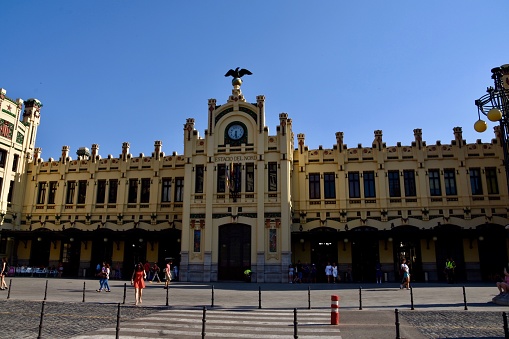 View of the beautiful colourful train station in Valencia, Spain. Taken in July 2018