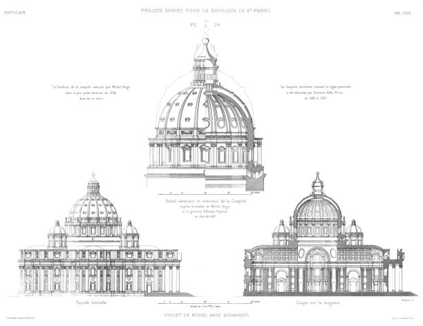 성 베드로 대성당의 미켈란젤로 부오나로티에 의해 프로젝트, 측면 외관, 전면 길이, 외관과 돔의 내부. 1550년, 바티칸 1882년 - style st peters basilica travel destinations architecture stock illustrations