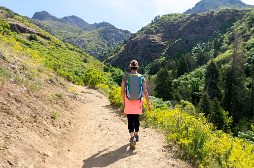 A woman hikes through the mountains of utah along a dirt path. There is a mountain rise to her left and lush green peaks around