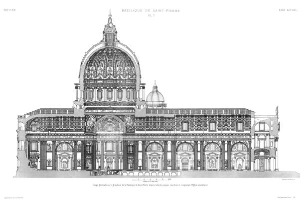 바티칸 1882에 의해, 정문, 그리고 지하 교회 1882에서 성 베드로 대성당의 주요 축에 일반 섹션 - style st peters basilica travel destinations architecture stock illustrations