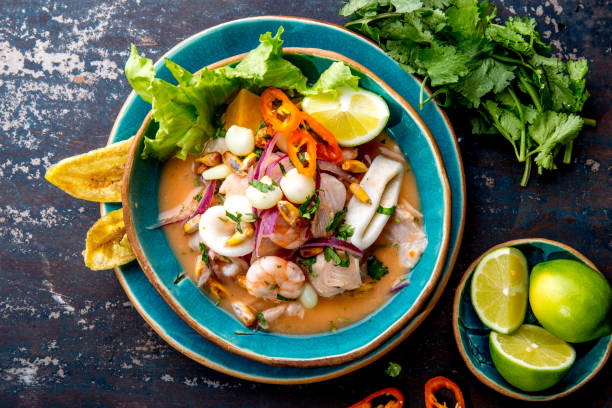 PERUVIAN CEVICHE SEBICHE. Peruvian seafood and fish sebiche with maize