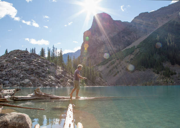 istock Man balances on logs submerged in alpine lake 1225294467