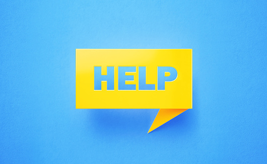 Help written yellow chat bubble on blue background. Horizontal composition with copy space. Help concept.