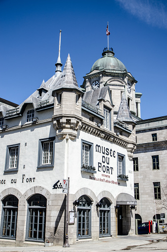 Facade of the Fort Museum in Old Quebec city during day of springtime. Showcasing the battle of the Abraham fields between the French and English in 1759